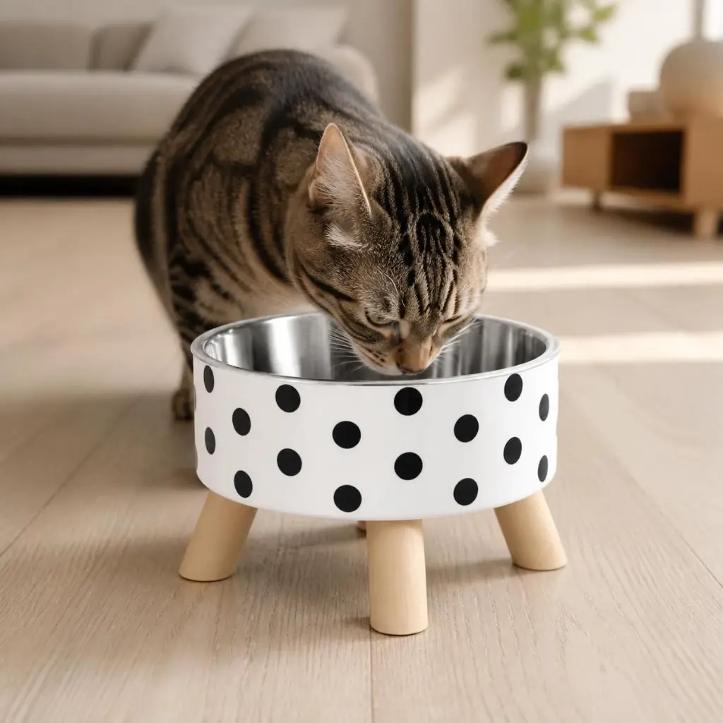 AI Generated Plato para gato de acero con base 4 patas - en uso
