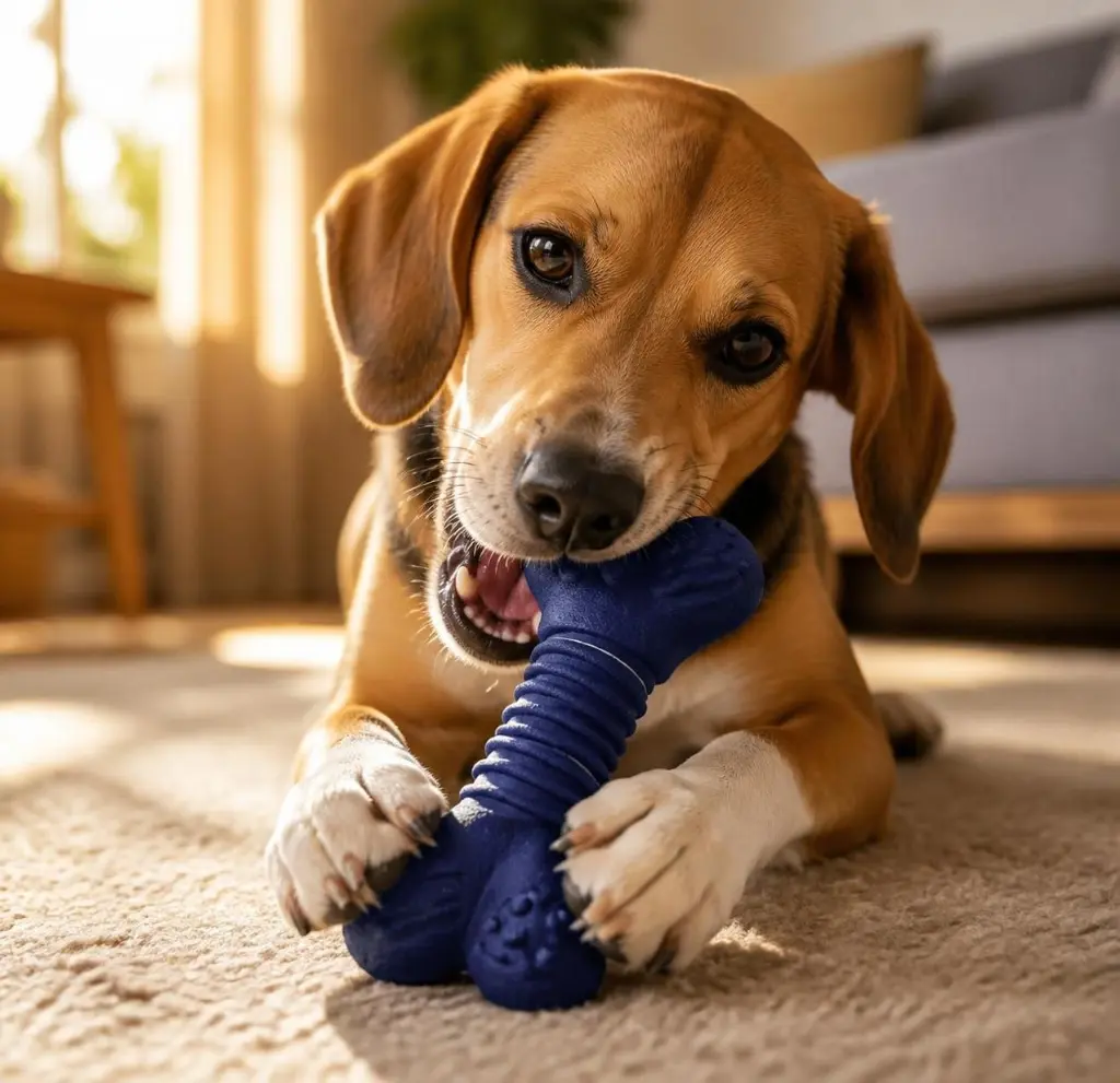 AI Generated Perro usando el juguete hueso (lifestyle)
