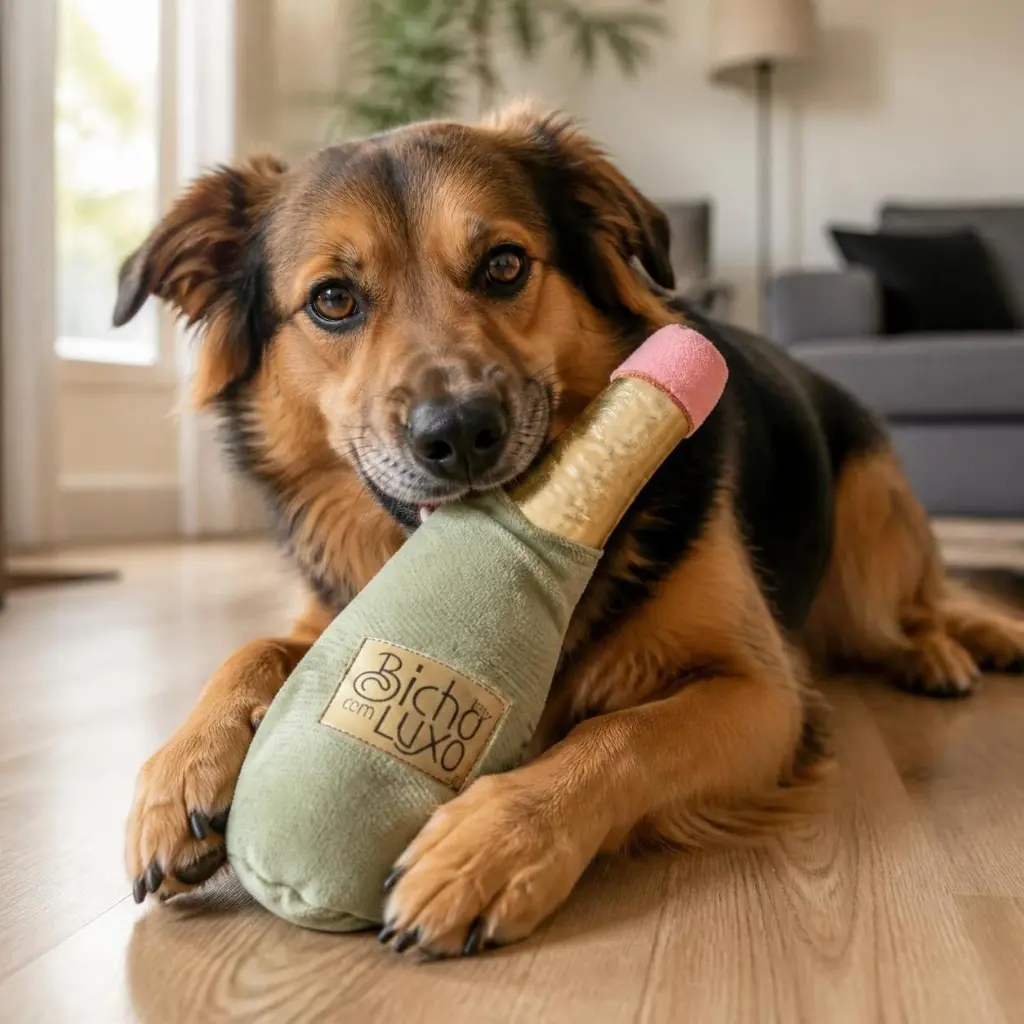 AI Generated Juguete Peluche Botella Espumante - Foto lifestyle con perro