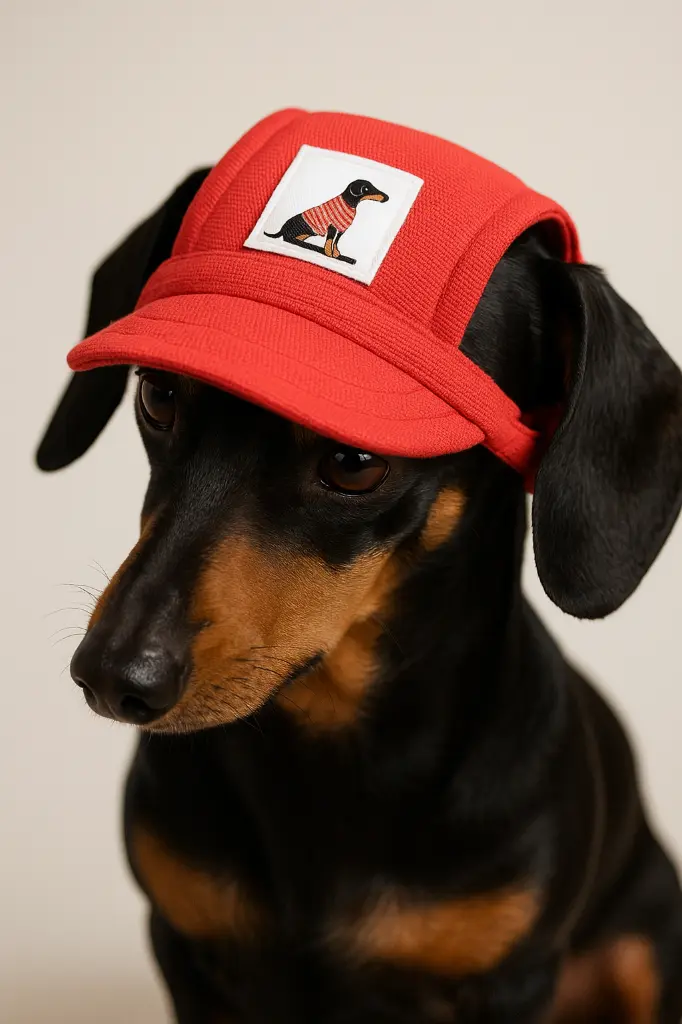 Dachshund con gorra roja y parche.webp